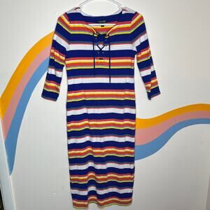 Lauren Ralph Lauren Striped Midi Dress Fitted 3/4 Sleeve Multicolor Womens M